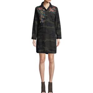Johnny Was Multicolor Embroidered Floral Camo Corduroy Shirt Dress Size Small